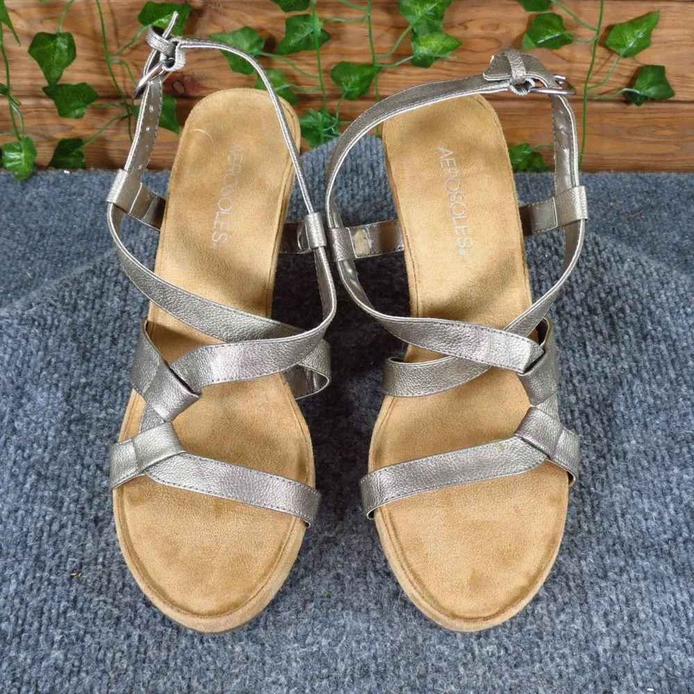 Aerosoles Plush Wedge‎ Women Strappy Sandal Size 8 Summer Metallic Pewter Cork